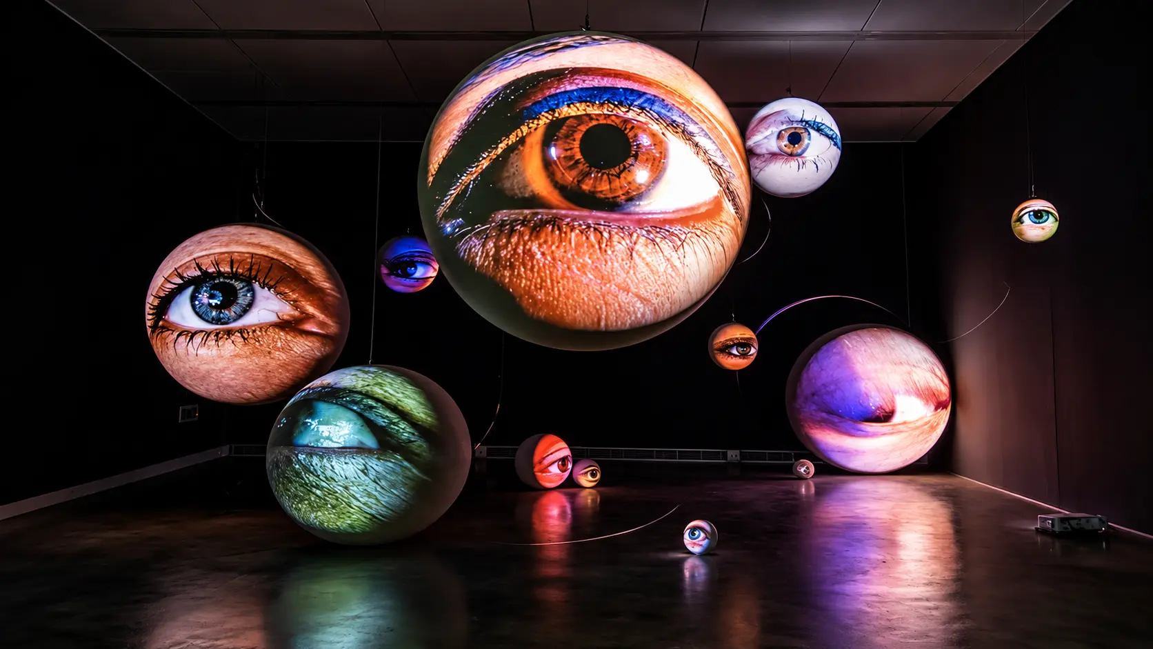 Suspended sphere installation with projections of differently coloured eyes