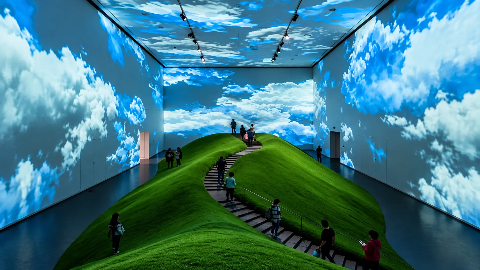 Green hills inside an immersive space with projected cloud-filled skies