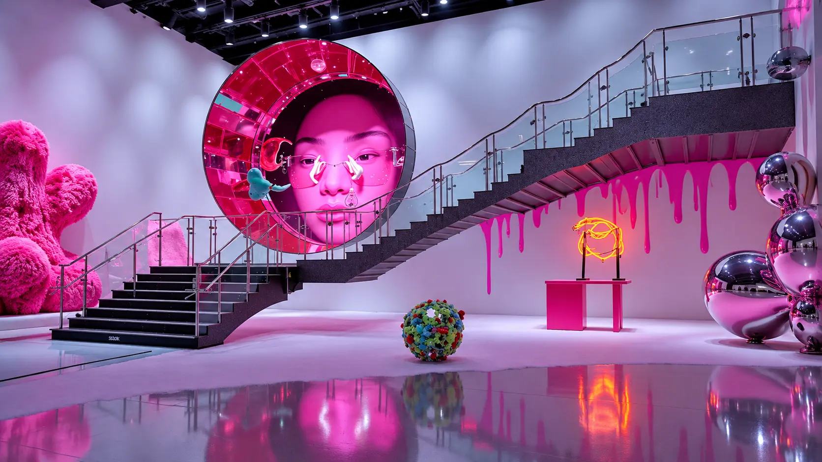 Pink immersive space with a staircase, monumental portrait and reflective sculptures