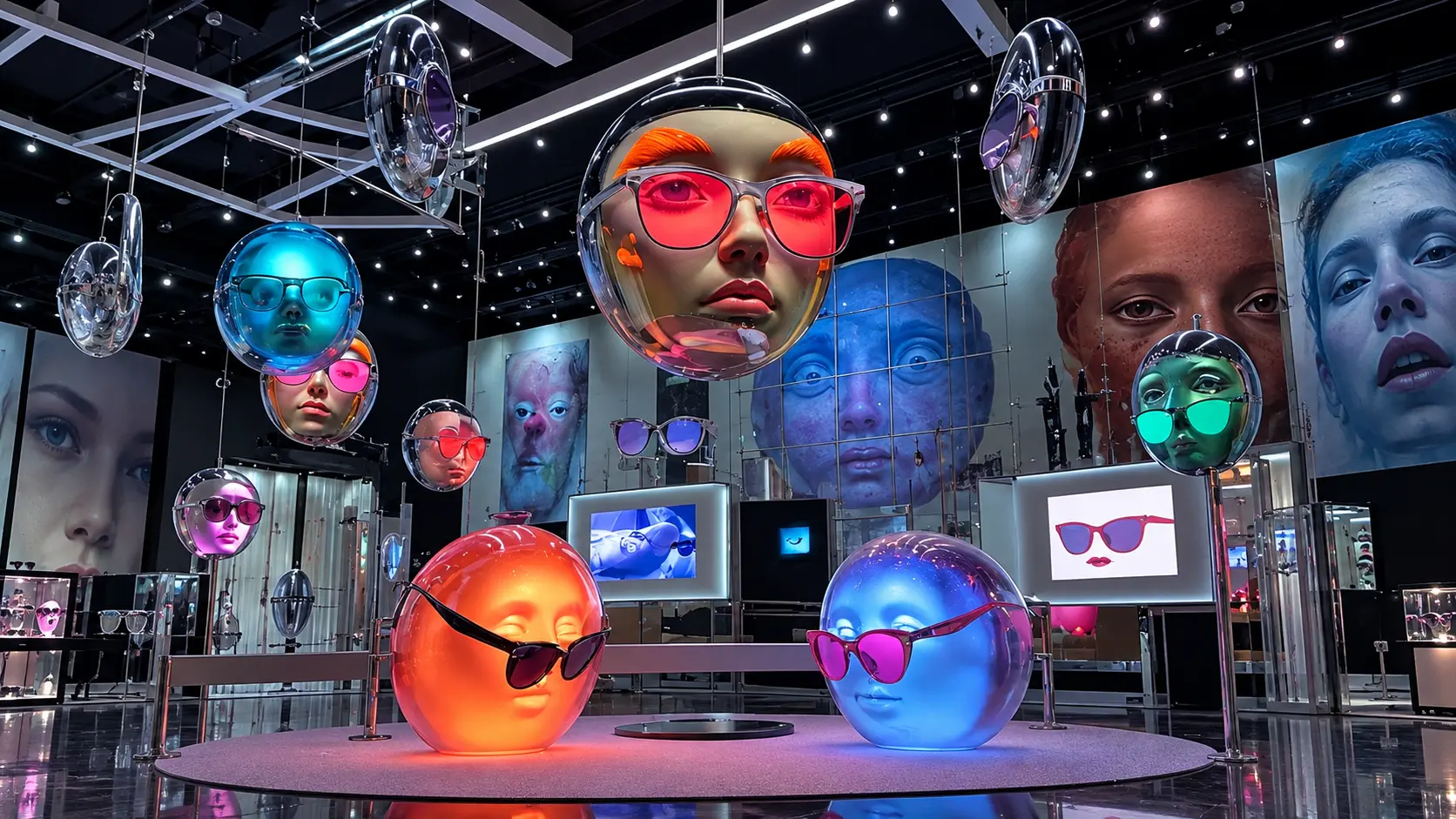 Eyewear scenography with colourful faces inside suspended spheres
