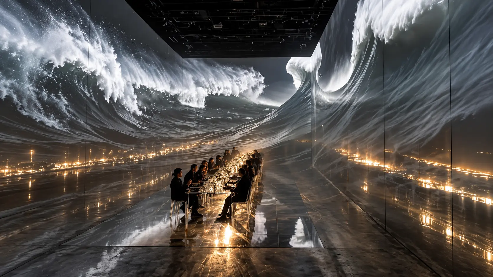 Immersive dinner surrounded by monumental wave projections