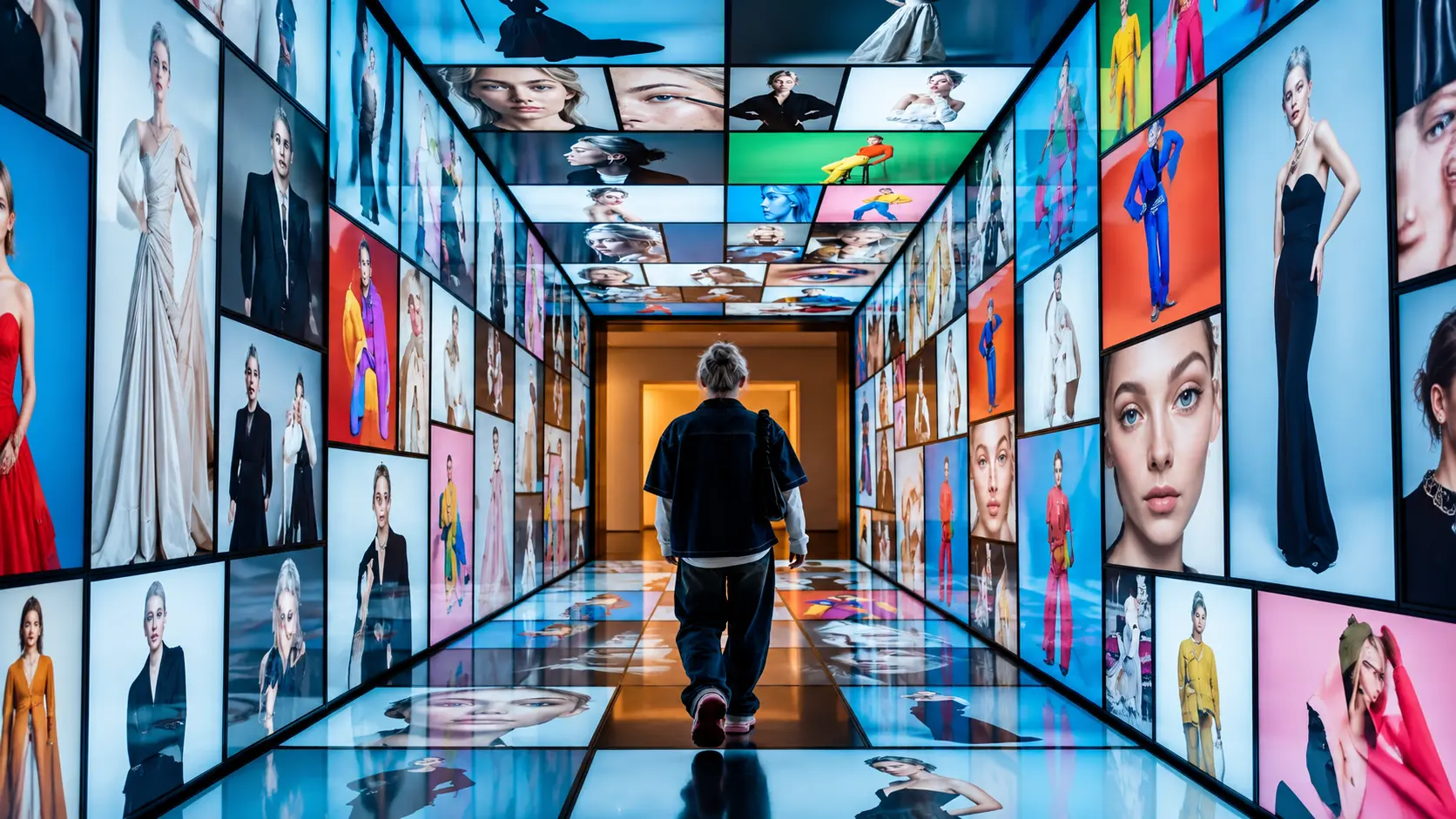 Immersive passage surrounded by fashion screens from floor to ceiling